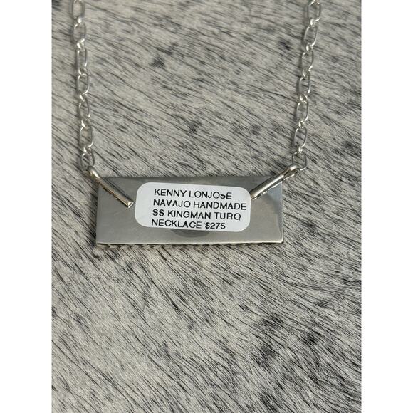 Native Navajo Handmade Sterling Kenny Longjose Kingman Turquoise Bar Necklace - Picture 5 of 10